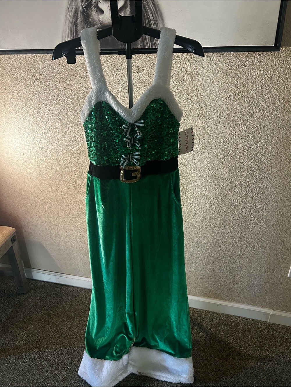 Green Sequin Elf Holiday Dress with Faux Fur Trim - Picture 1 of 3